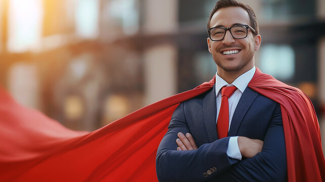 confident businessman manlike a superman in a suit and with a red cape, personifies business always ready to help solve the problem of customers, concept of successful business and care for customers