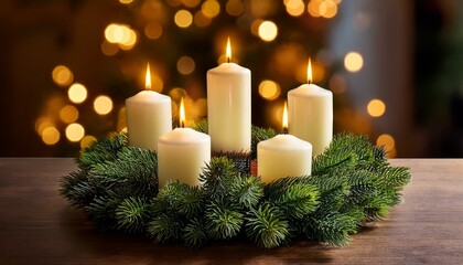 cozy holiday scene four lit white candles in gold holders arranged on wreath made of evergreen branches blurred christmas tree in background fourth advent wreath fourth sunday of advent concept