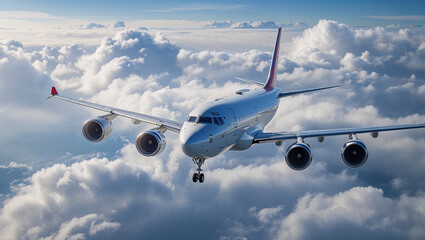 Obraz premium White passenger airplane flying above the clouds on blue sky