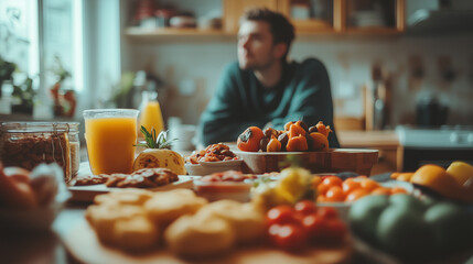man sits in cozy kitchen with variety of fresh fruits, vegetables, and snacks on table, creating warm and inviting atmosphere