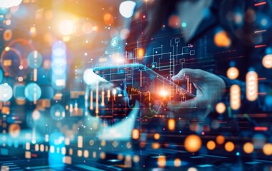 A digital scene showing hands holding a smartphone, overlaid with vibrant data visualizations and glowing elements, suggesting technology and connectivity.