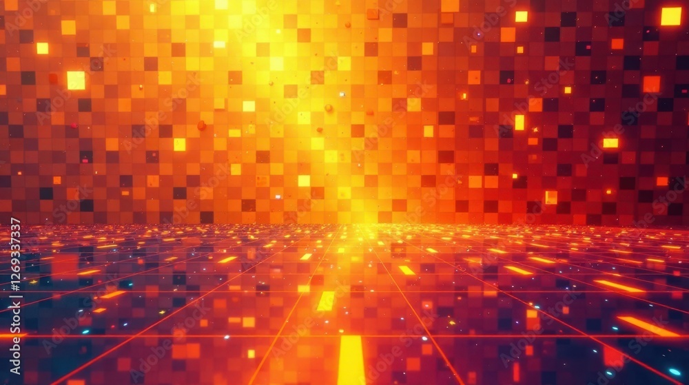 Poster abstract orange and red grid digital landscape with glowing pixels