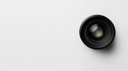 Camera Lens Cap on Minimalist White Surface Elevated Perspective
