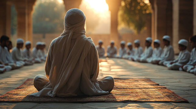 Islamic teacher guiding students through Quranic studies in a peaceful madrasa