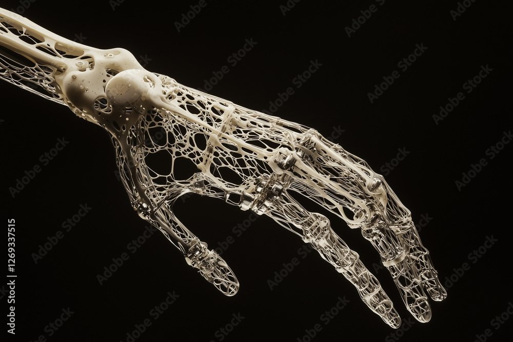 Poster detailed 3D rendering of skeletal hand with intricate lattice design on dark background