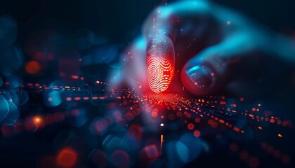 A futuristic hand touches a digital fingerprint, illuminated in red against a glowing, abstract background of dots and lines.