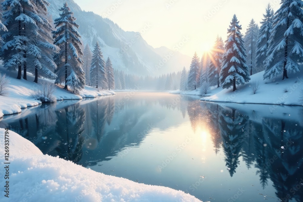 Sticker Softly falling snow covers a frozen lake in the morning, water, peaceful