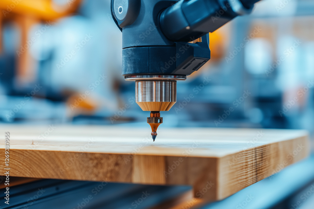 Poster sleek robotic arm assembling custom wooden table in modern workshop