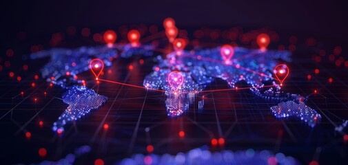 A vibrant digital map with glowing points, symbolizing global connectivity and data flow, highlighted by red and blue lights.