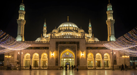 A beautifully decorated mosque during Ramadan its minarets reaching towards the sky