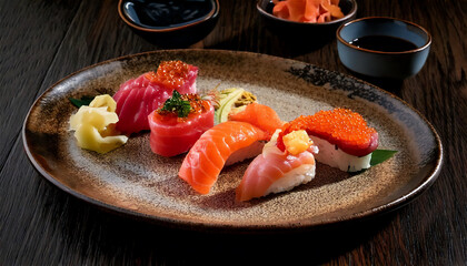Un surtido de sushi omakase bellamente servido con toro, uni e ikura