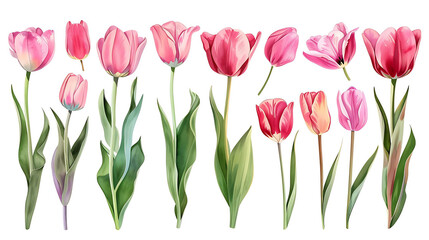 Pink tulip flowers paint collection. Set of spring and summer flowers painting isolated on white background