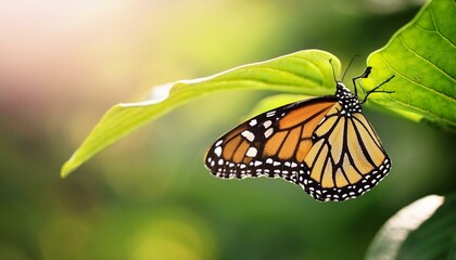 Fototapeta premium monarch butterfly taking off green leaf in beautiful spring garden slow motion macro closeup 4k