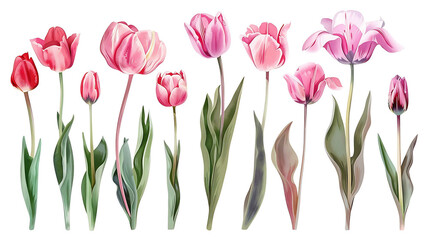 Pink tulip flowers paint collection. Set of spring and summer flowers painting isolated on white background