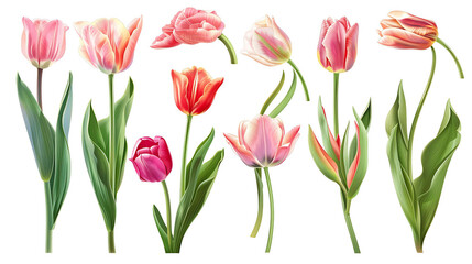 Obraz premium Red tulip flowers paint collection. Set of spring and summer flowers painting isolated on white background