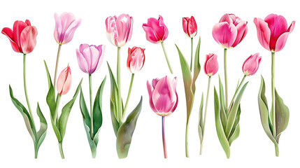 Pink tulip flowers paint collection. Set of spring and summer flowers painting isolated on white background