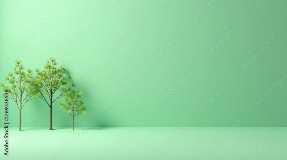 Poster minimalist studio shot of three small trees against a pale green backdrop
