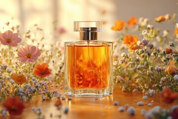 A bottle of perfume with an amber-colored liquid and flowers on the table, against an orange background. Cosmetics store concept, perfume advertisement