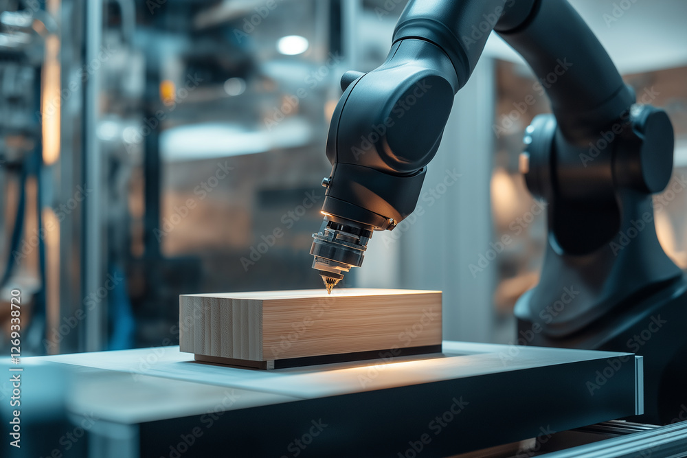 Poster ai powered robotic arm crafting custom wooden cabinet in workshop