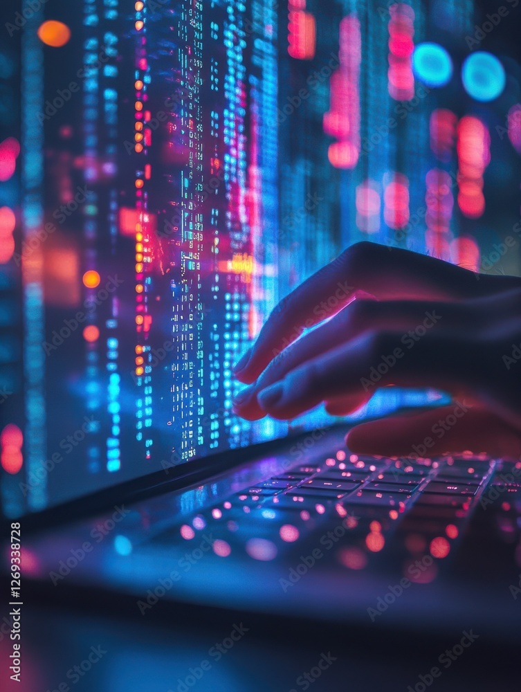 Poster close up of hand using laptop at desktop with abstract glowing blue coding background. binary code, 