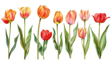 Obraz premium Colorful tulip flowers paint collection. Set of spring and summer flowers painting isolated on white background