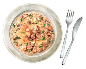Italian risotto with mushrooms. Watercolor illustration