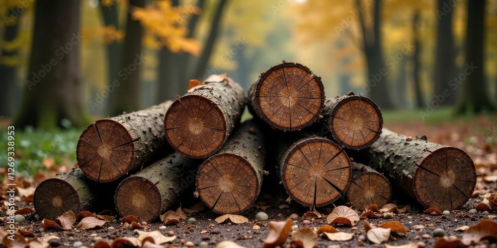 Poster a stack of neatly arranged tree logs rests on a bed of autumn leaves in a sun-dappled forest setting