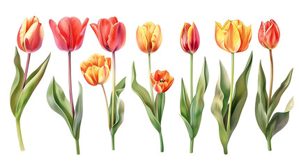 Obraz premium Red tulip flowers paint collection. Set of spring and summer flowers painting isolated on white background