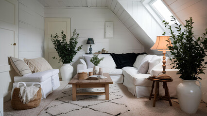 Fototapeta premium Minimalistic living room with comfortable white sofa - Modern interior design