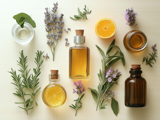 top view of jar with lavender essential oil and other types of oil, all natural oil in cosmetology and aromatherapy, aromatic oil and aromatherapy 
