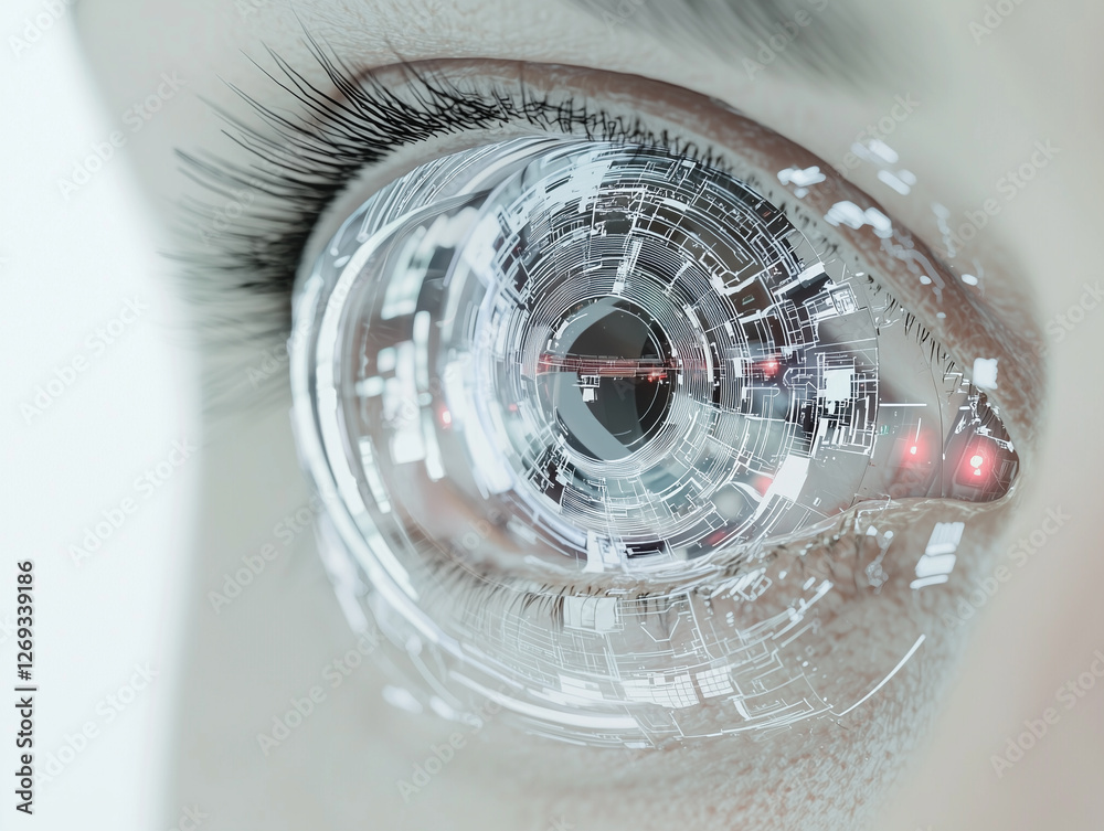 Poster Close up of cybernetic eye with intricate digital circuits and glowing elements