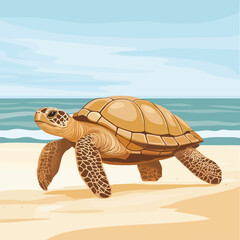 A serene 2D vector of a turtle walking along a sandy beach.