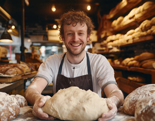 smiling male baker kneads dough in cozy bakery surrounded by fresh bread