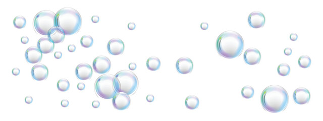 Soap foam bubbles on a white background. Iridescent round particles. Rainbow crystal glass balls. Realistic background with water balloons flying in the air. Vector 3D illustration