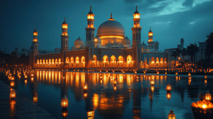 Muslims gathered at a grand mosque during Ramadan nights, with lanterns glowing beautifully