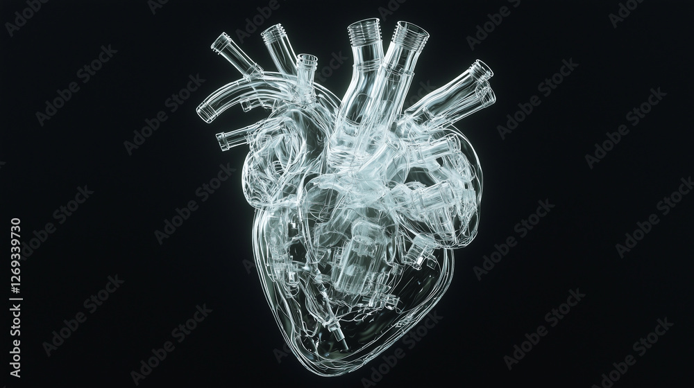 Poster Transparent artificial heart with dynamic side camera angle, showcasing intricate design