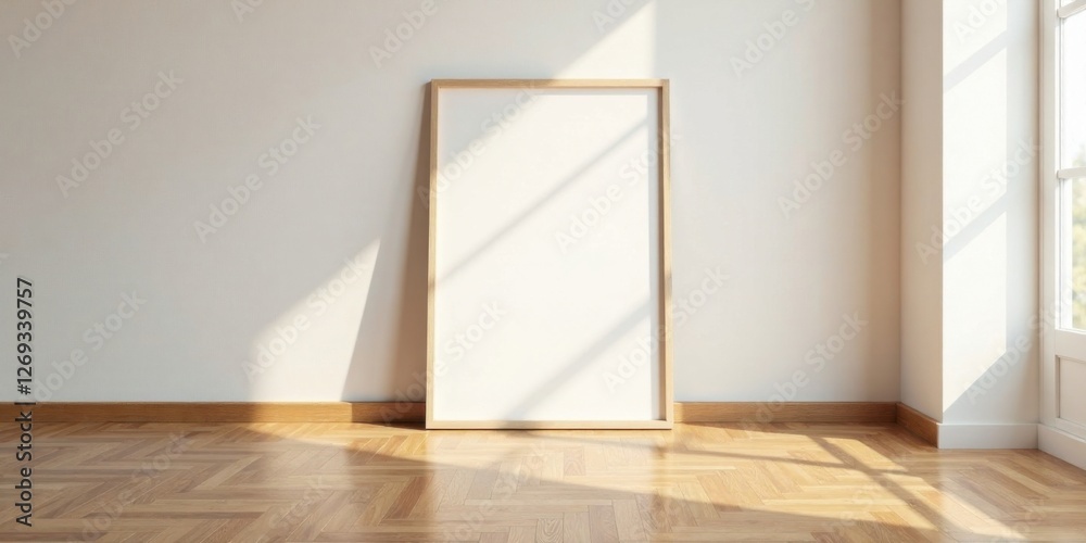 Poster Sunlight Illuminates Empty Room with Large Blank Frame Ready for Artwork or Photograph Display