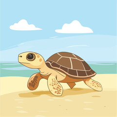A serene 2D vector of a turtle walking along a sandy beach.
