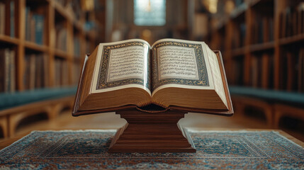 Obraz premium Quran surrounded by ornate decorations on a traditional wooden stand in a serene mosque