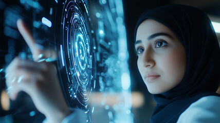 woman in hijab interacts with futuristic digital interface, focused and engaged