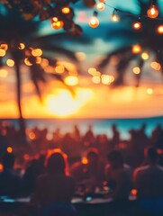 Blurred people having sunset beach party in summer vacation - Defocused image - Concept of nightlife with cocktails and music entertainment