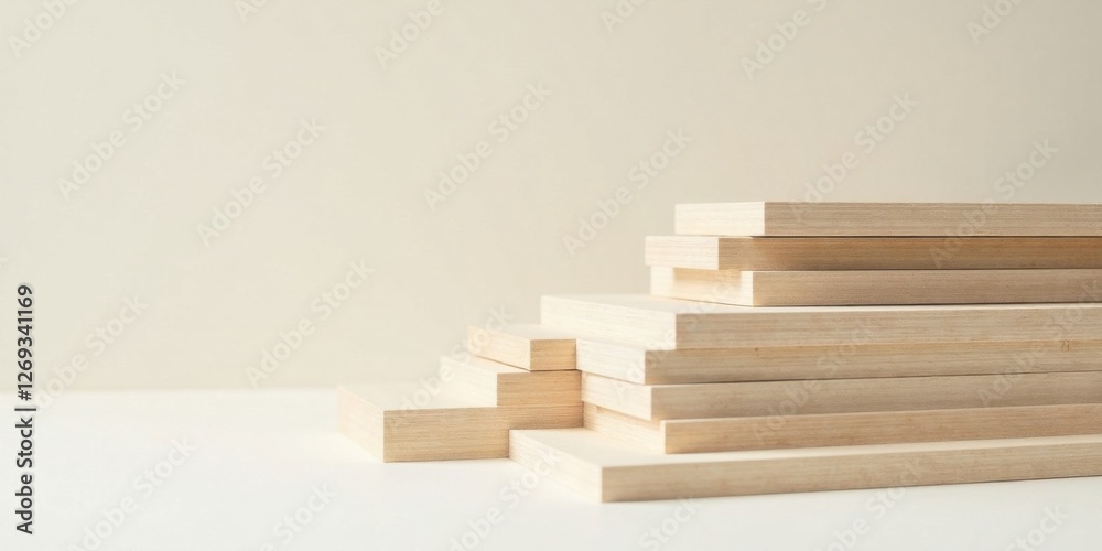 Aufkleber stack of light wood planks forming an abstract architectural structure on a neutral background