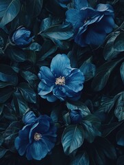 Fototapeta premium elegant dark blue flowers with lush green leaves in a moody botanical composition dark background