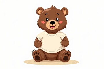 Obraz premium Cute bear cub in t-shirt sits happily on the floor, radiating charm and playfulness. Concept features bear cub in t-shirt, making it perfect for children's media or merchandise.