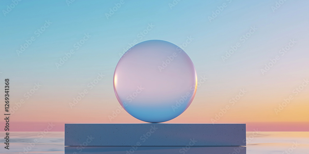 Aufkleber minimalist abstract composition featuring reflective sphere on platform against serene gradient sky