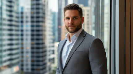 Fototapeta premium Real estate investor standing in front of a high-rise window, observing city views with a confident expression