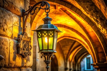Vintage Brass Light Fixture in Stone Archway, Intricate Shadows, Elegant Architecture, Stock Photo