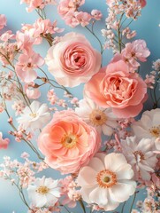 Flat lay creative illustration concept of fresh field Spring flowers on pastel blue background. Beautiful pink bloomed flowers. Generative AI.