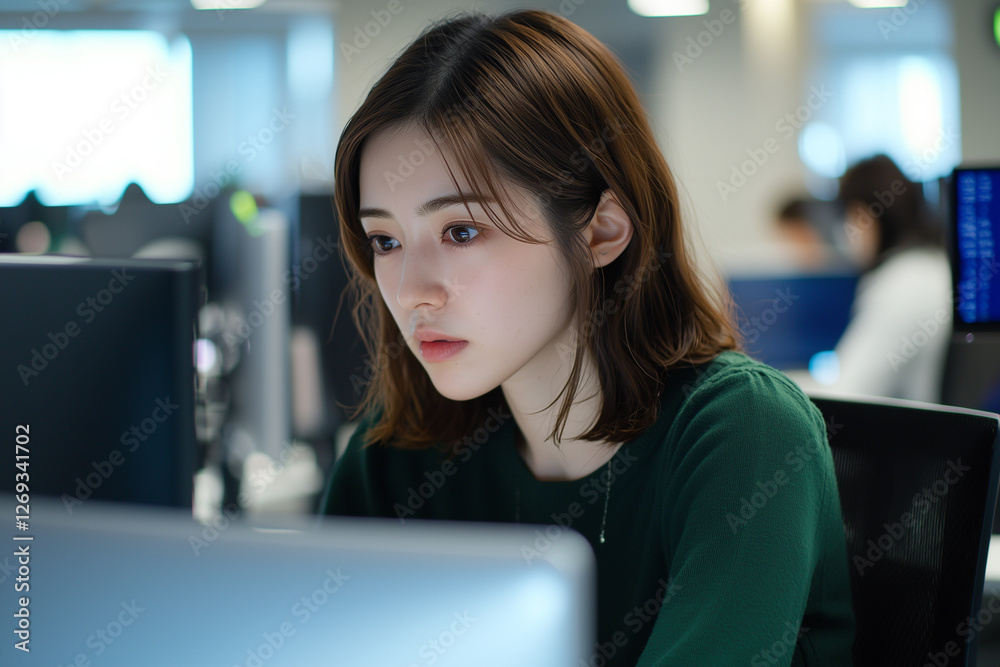 Poster focused woman working on computer in modern office setting