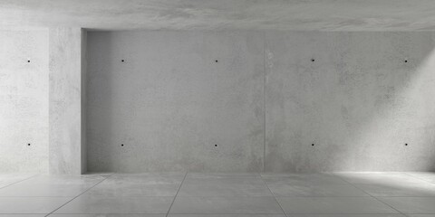 Abstract empty, modern concrete room with light shining in from the right and floor tiles - industrial interior background template